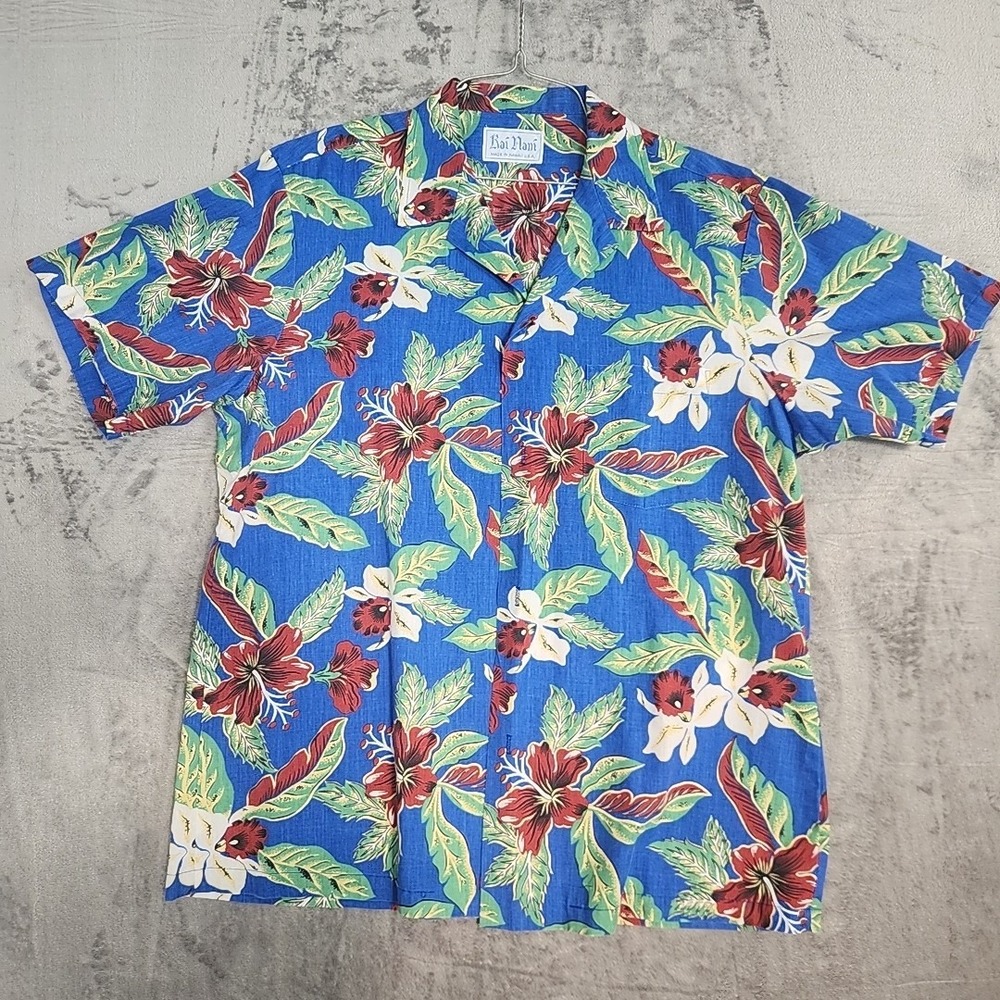 Kai Nani Hawaiian Shirt Blue Floral Aloha Button Up Men's Size M by Measurement